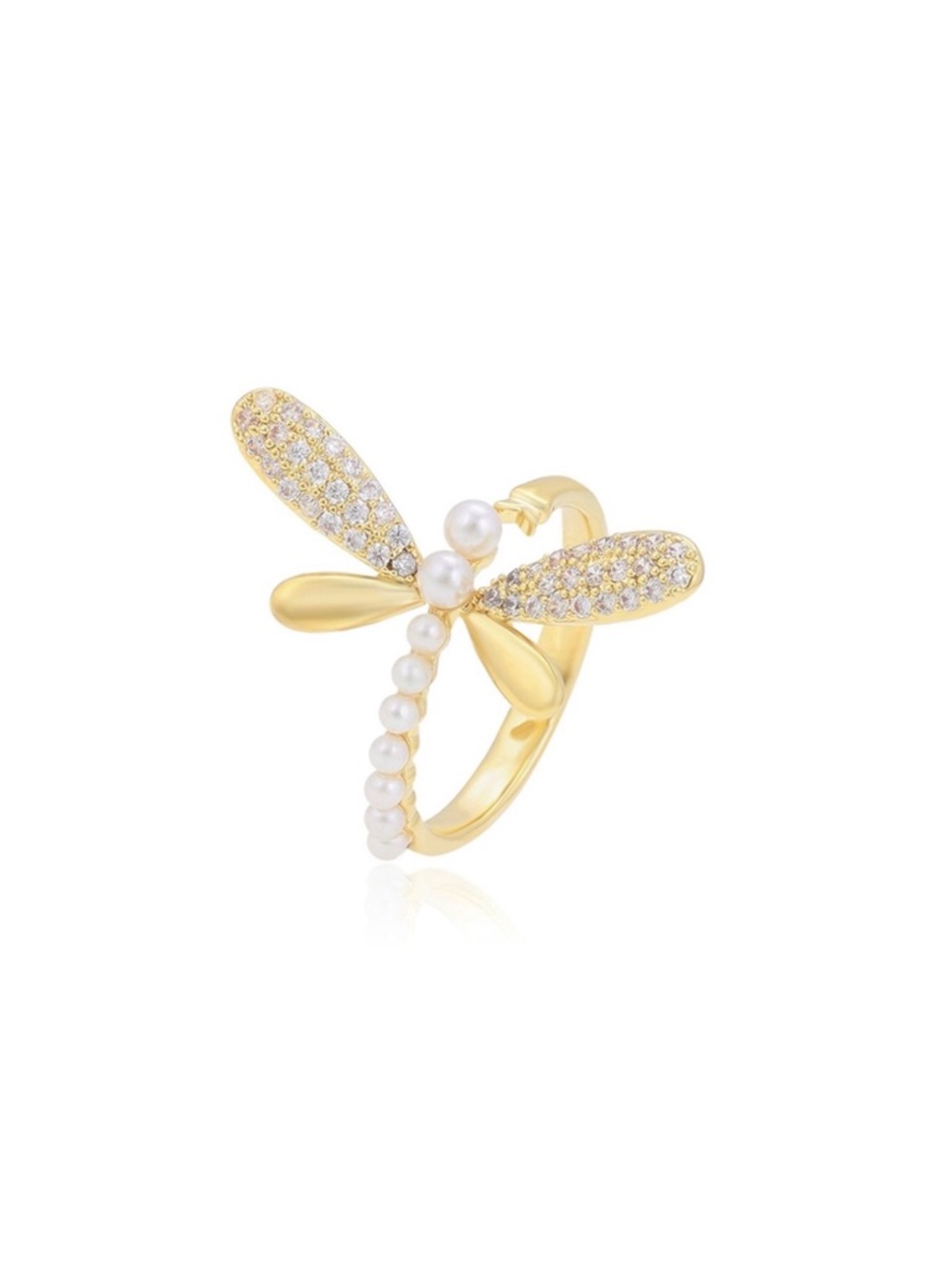 Dragonfly Ring Adjustable 14k Gold Plated CZ Stone | Statement Ring